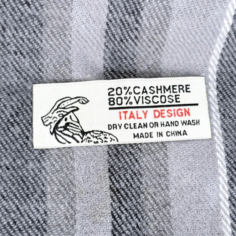 Italy Design Scarf Grey Striped Cashmere Blend Fringed Winter Wrap 12x68
